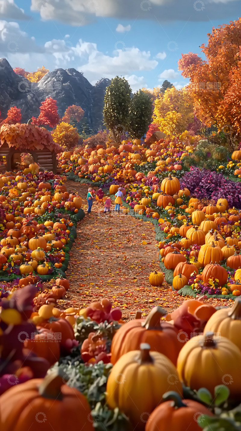 高清大图下载【趣麦麦图】秋日南瓜田园卡通场景