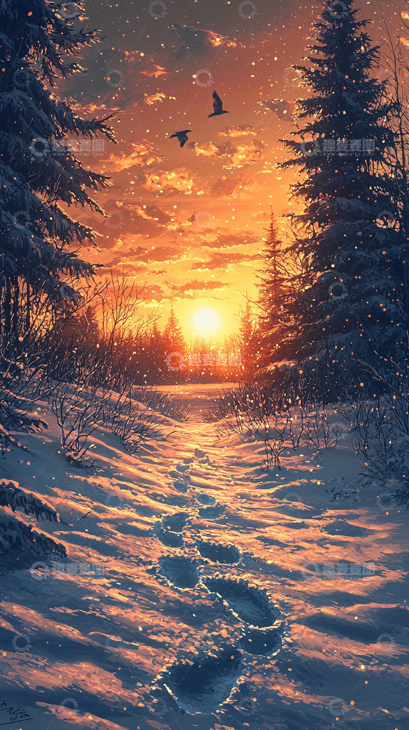 高清大图下载【趣麦麦图】雪地森林日落鸟群唯美场景