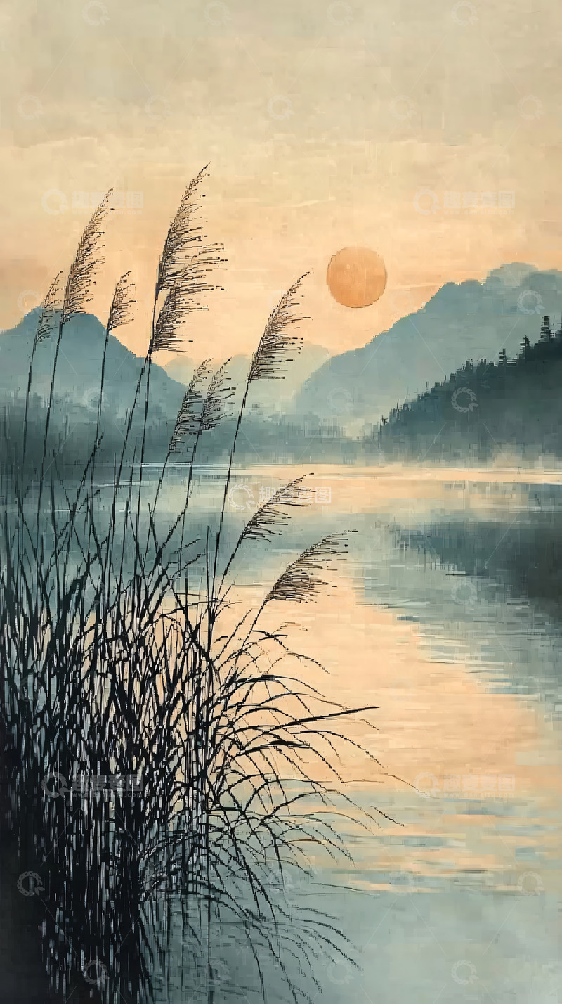 高清大图下载【趣麦麦图】日落芦苇湖泊山景