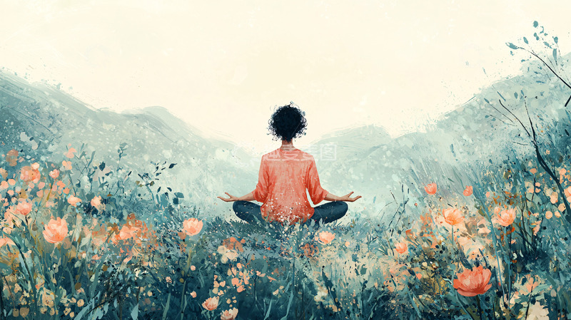 高清大图下载【趣麦麦图】冥想女子山间花海