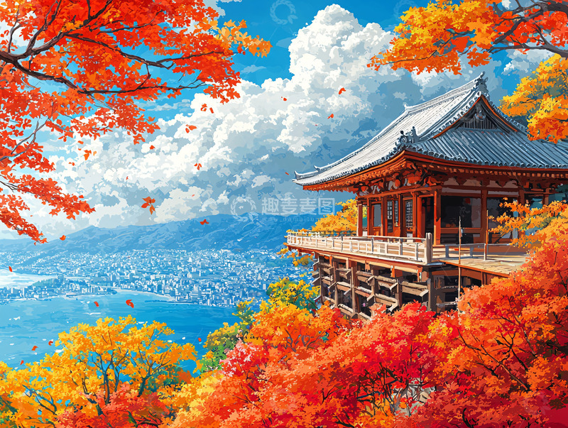 高清大图下载【趣麦麦图】秋日红叶山顶寺庙