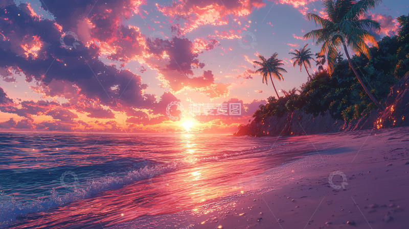 高清大图下载【趣麦麦图】粉色日落海滩