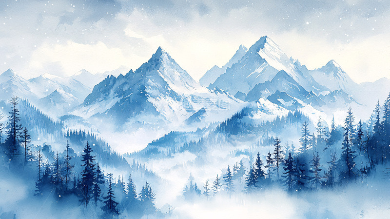 高清大图下载【趣麦麦图】蓝调雪山雾气森林