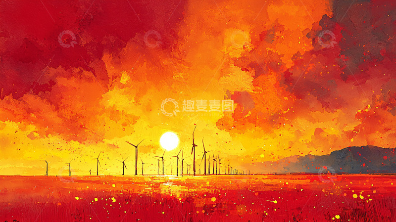 高清大图下载【趣麦麦图】红色天空下的风力发电机