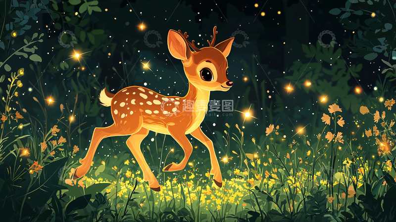 高清大图下载【趣麦麦图】萤火虫森林里的小鹿