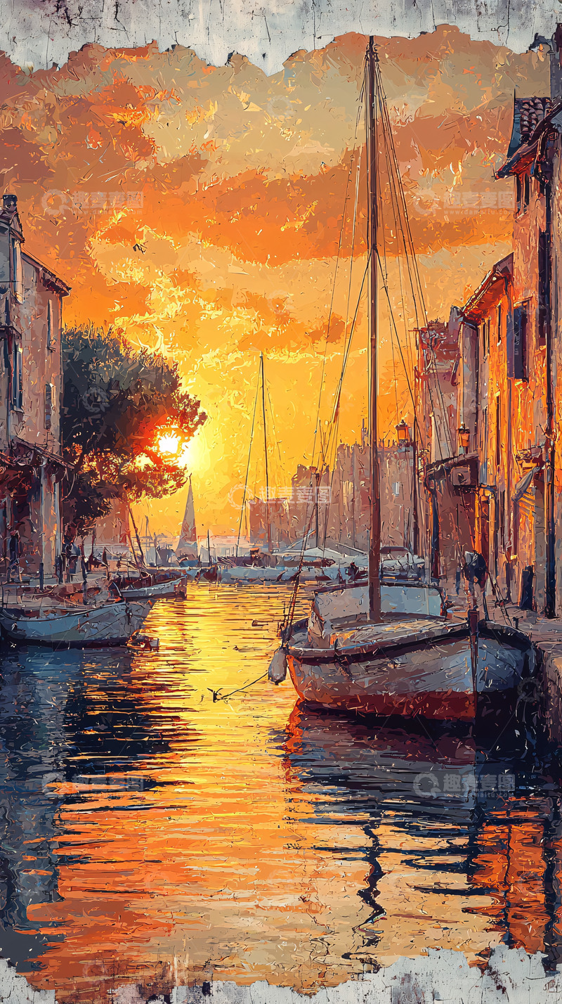 高清大图下载【趣麦麦图】日落海港小镇风景画