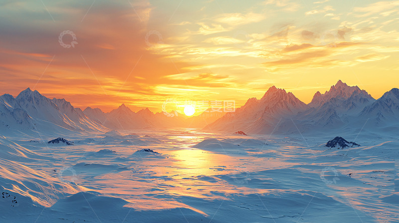 高清大图下载【趣麦麦图】极地日落雪山美景