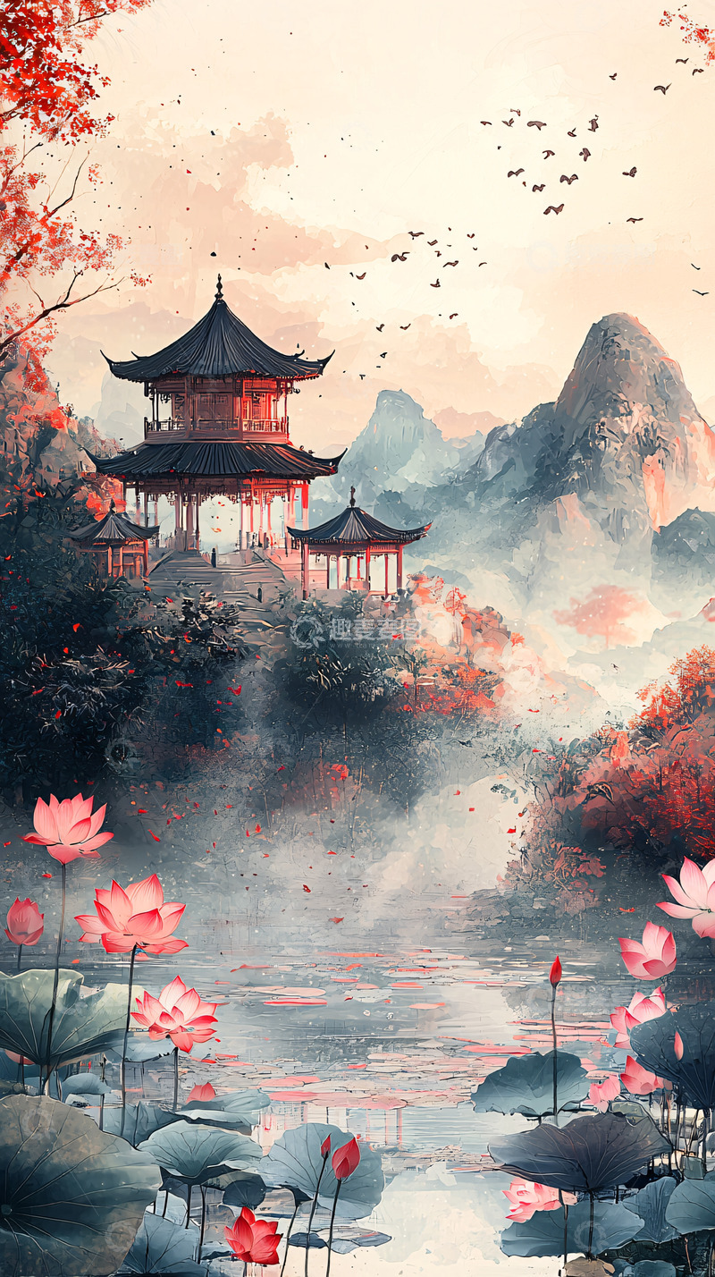 高清大图下载【趣麦麦图】水墨风山水亭台荷花图