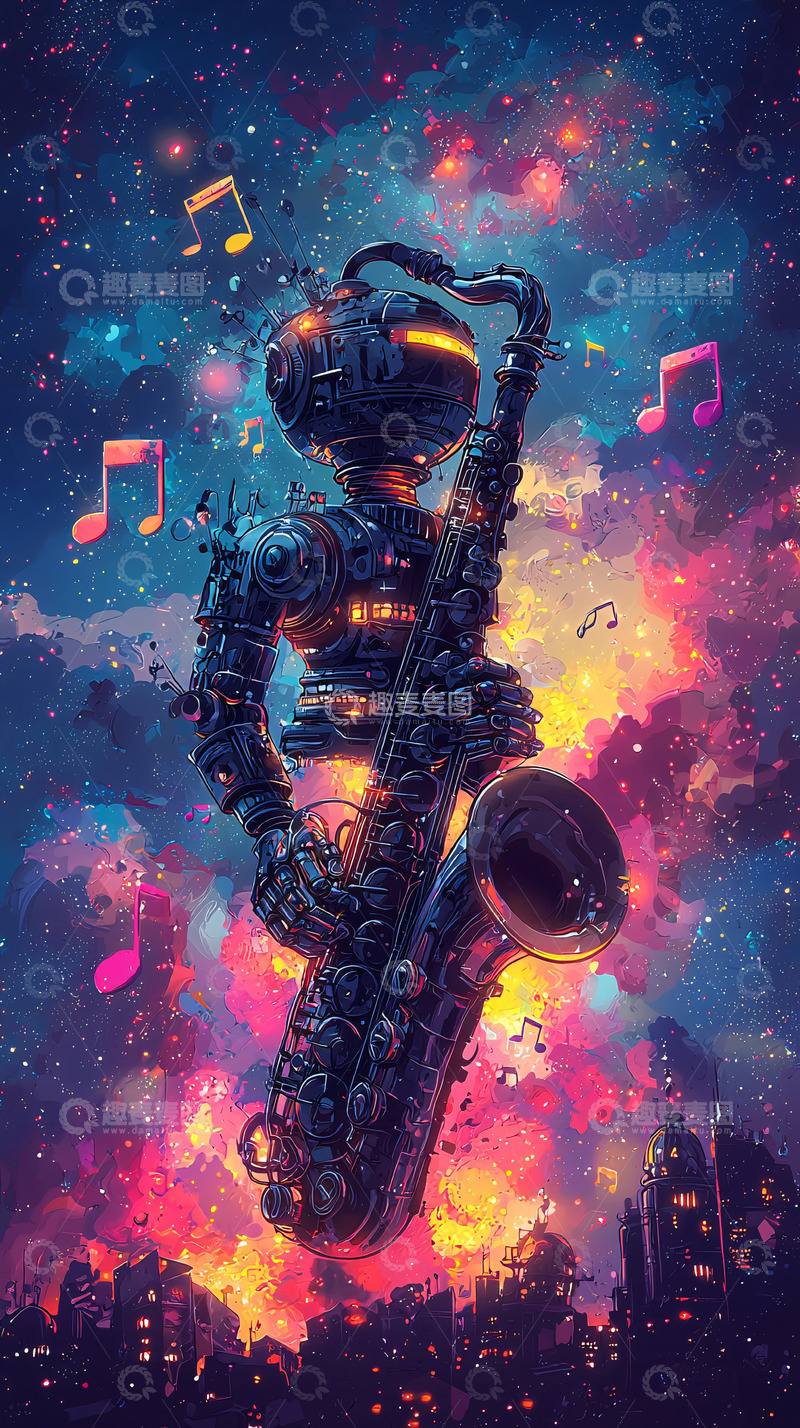 高清大图下载【趣麦麦图】宇宙星空萨克斯机器人