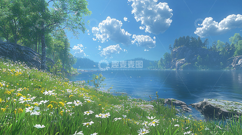 高清大图下载【趣麦麦图】阳光明媚的湖边草原