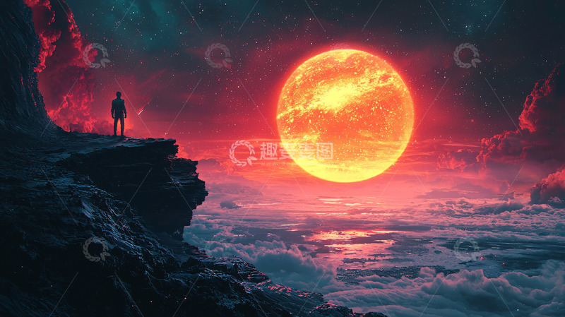 高清大图下载【趣麦麦图】孤影对望血色巨月
