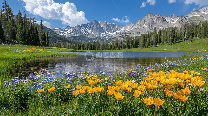 高清大图下载【趣麦麦图】高山湖泊鲜花盛开