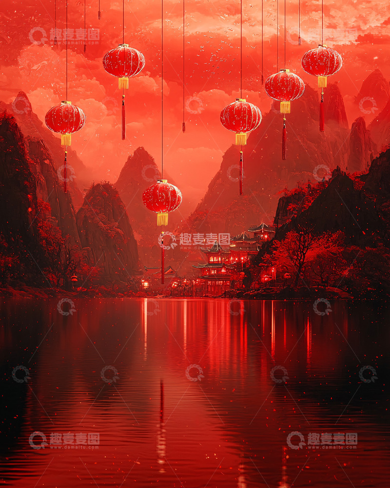 高清大图下载【趣麦麦图】红灯笼山水风景画