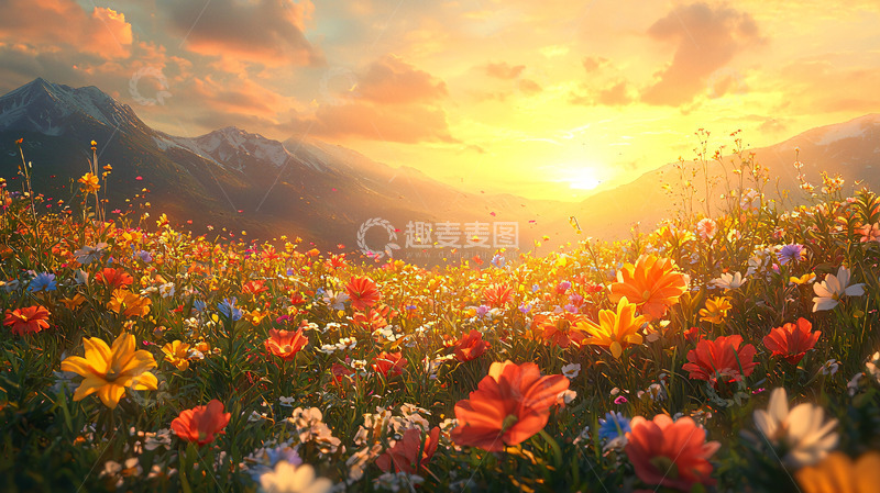 高清大图下载【趣麦麦图】山脉日出花海