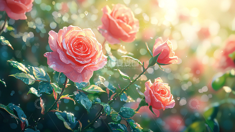 高清大图下载【趣麦麦图】阳光下的粉色玫瑰花丛