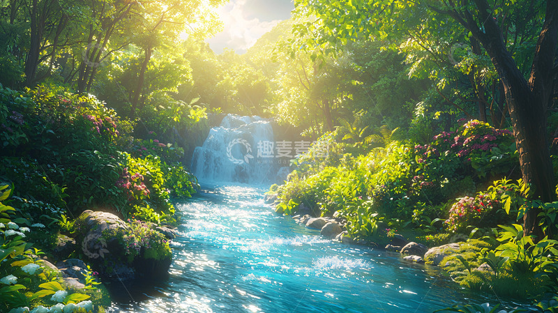高清大图下载【趣麦麦图】阳光森林瀑布溪流
