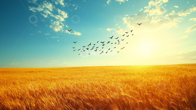 高清大图下载【趣麦麦图】金色的麦田与飞鸟
