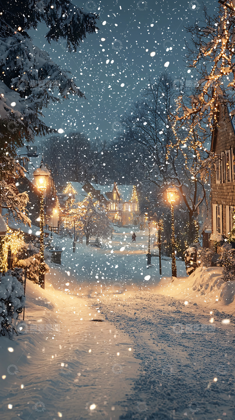 高清大图下载【趣麦麦图】下雪的圣诞小镇夜景