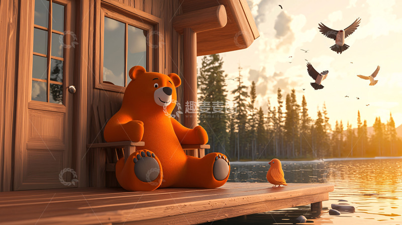高清大图下载【趣麦麦图】森林小屋里的卡通熊