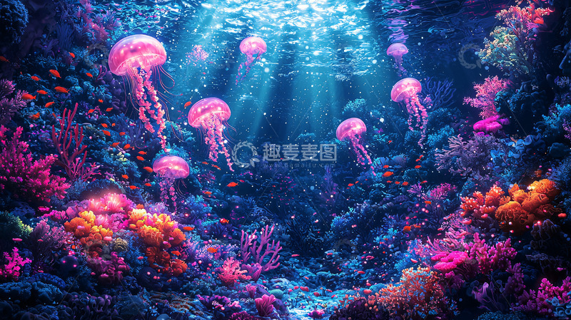 高清大图下载【趣麦麦图】梦幻水母海洋深处