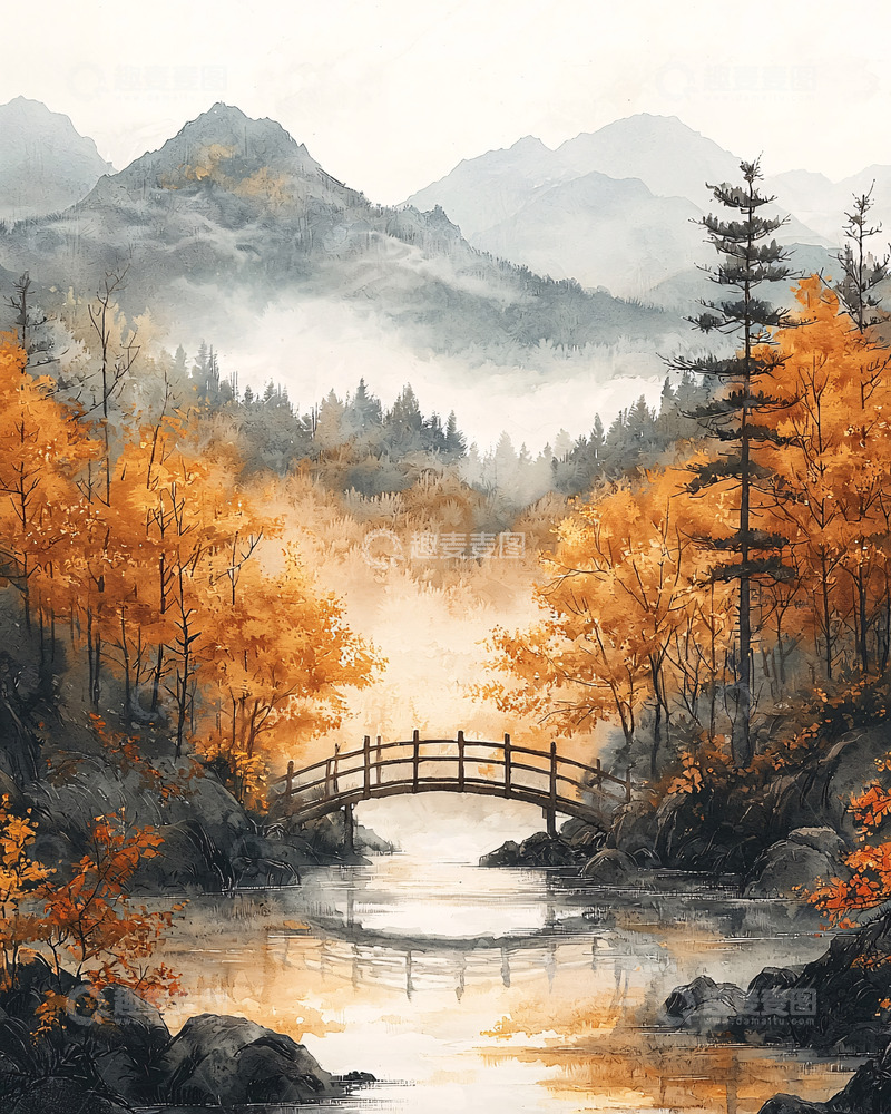 高清大图下载【趣麦麦图】秋日山林小桥流水