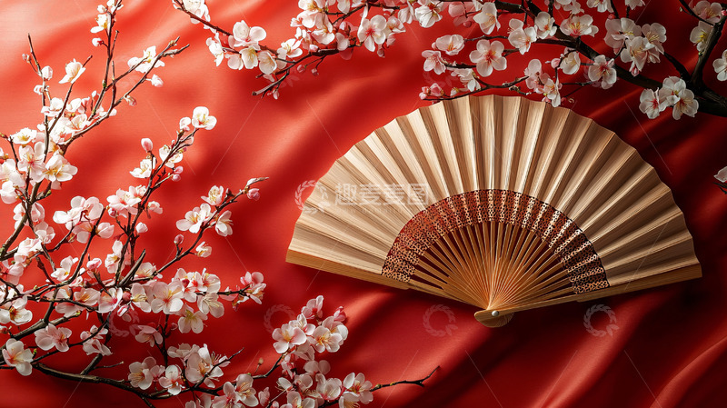 高清大图下载【趣麦麦图】红绸缎上折扇和梅花