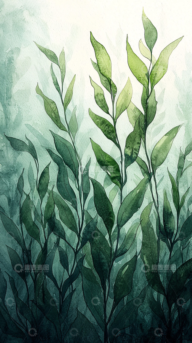 高清大图下载【趣麦麦图】绿色植物水彩画
