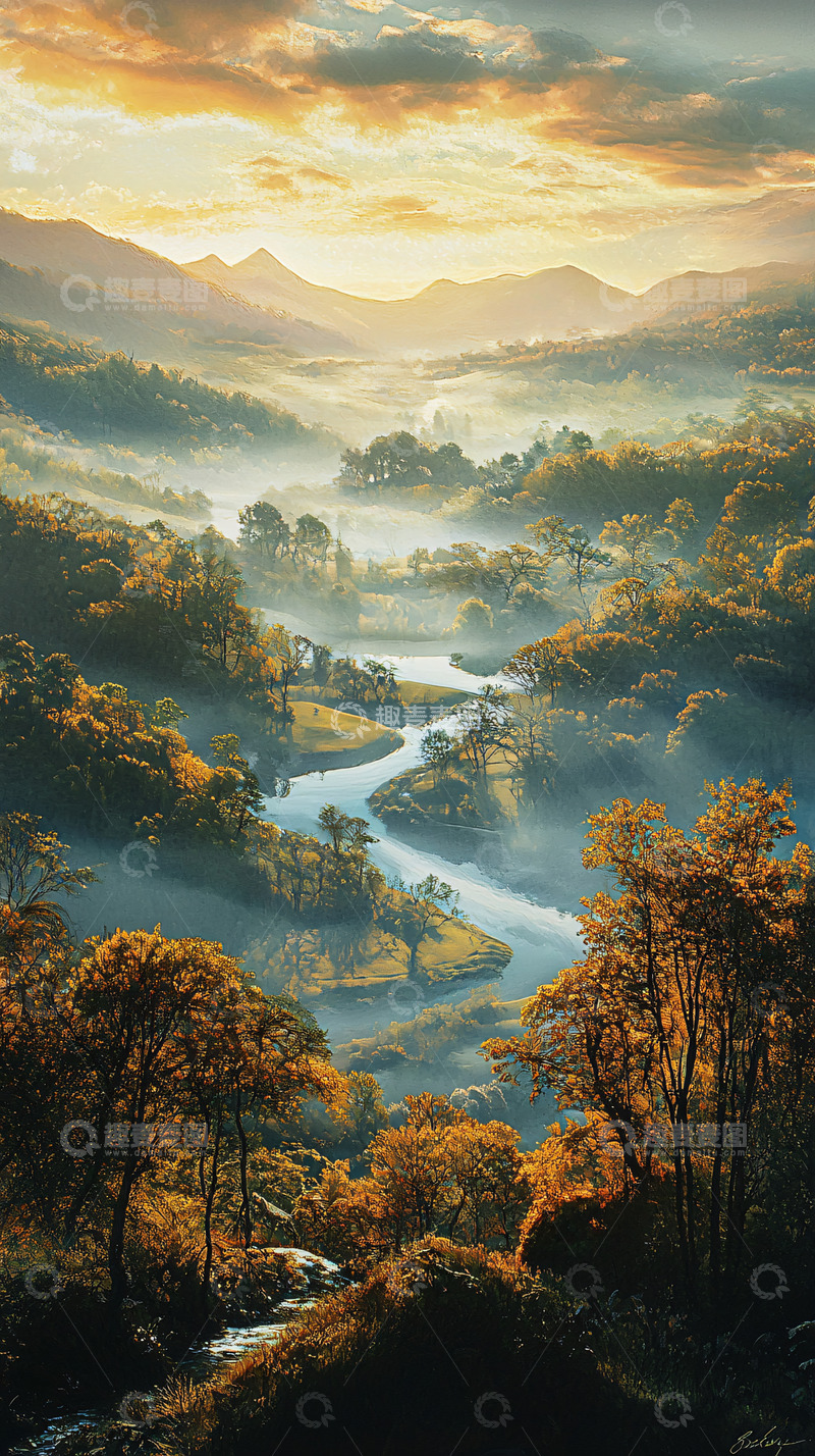 高清大图下载【趣麦麦图】清晨山谷河流雾气