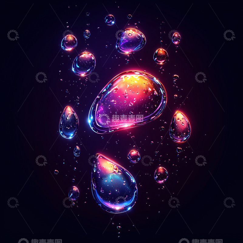 高清大图下载【趣麦麦图】炫彩水滴悬浮在深色背景中
