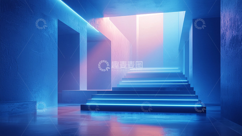 高清大图下载【趣麦麦图】蓝光霓虹灯楼梯走廊