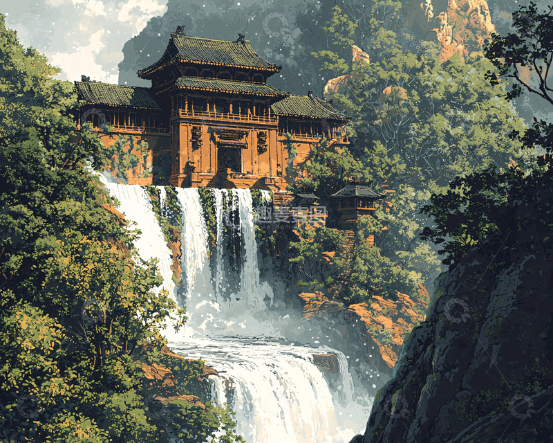 高清大图下载【趣麦麦图】山间瀑布古建筑
