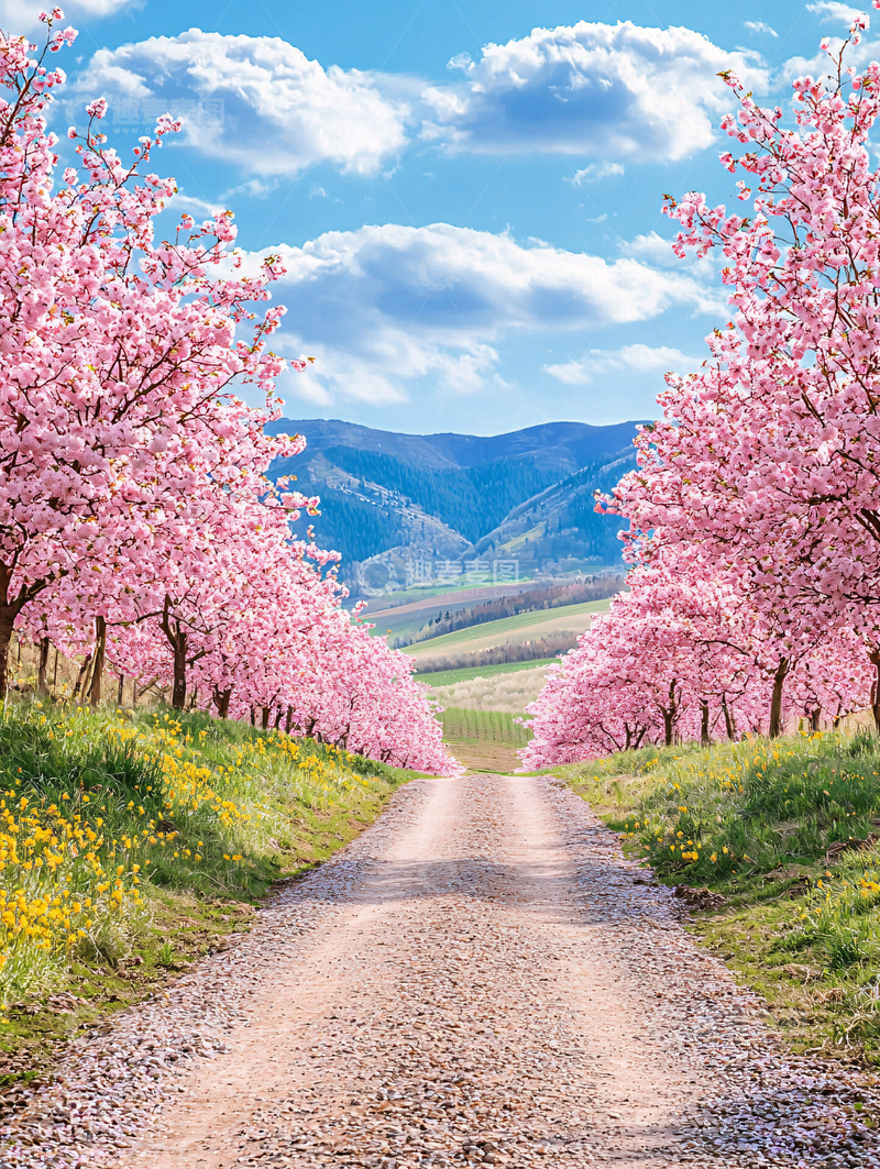 高清大图下载【趣麦麦图】粉色樱花树下的道路