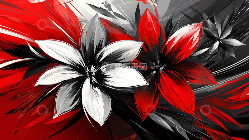 高清大图下载【趣麦麦图】红黑白抽象花朵