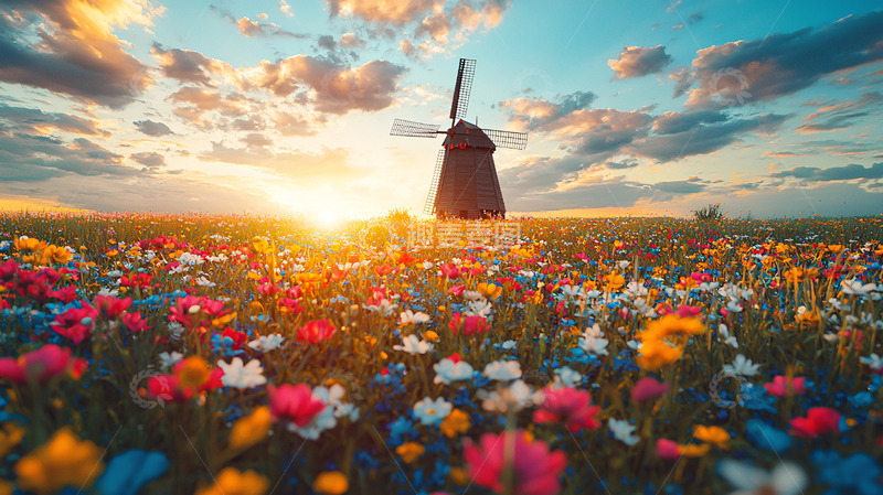 高清大图下载【趣麦麦图】日落麦田风车鲜花田野