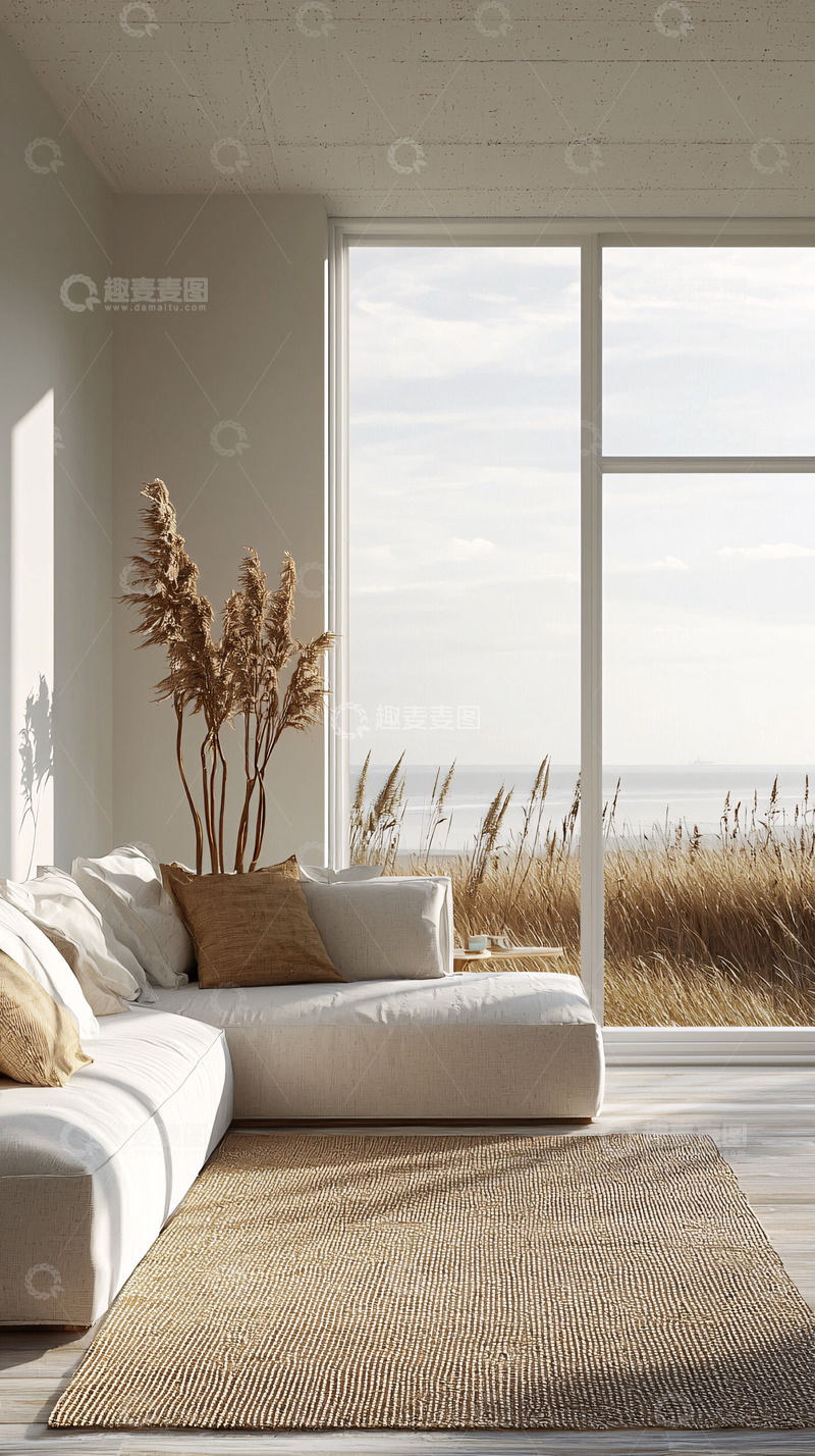 高清大图下载【趣麦麦图】极简风白色沙发海景房客厅
