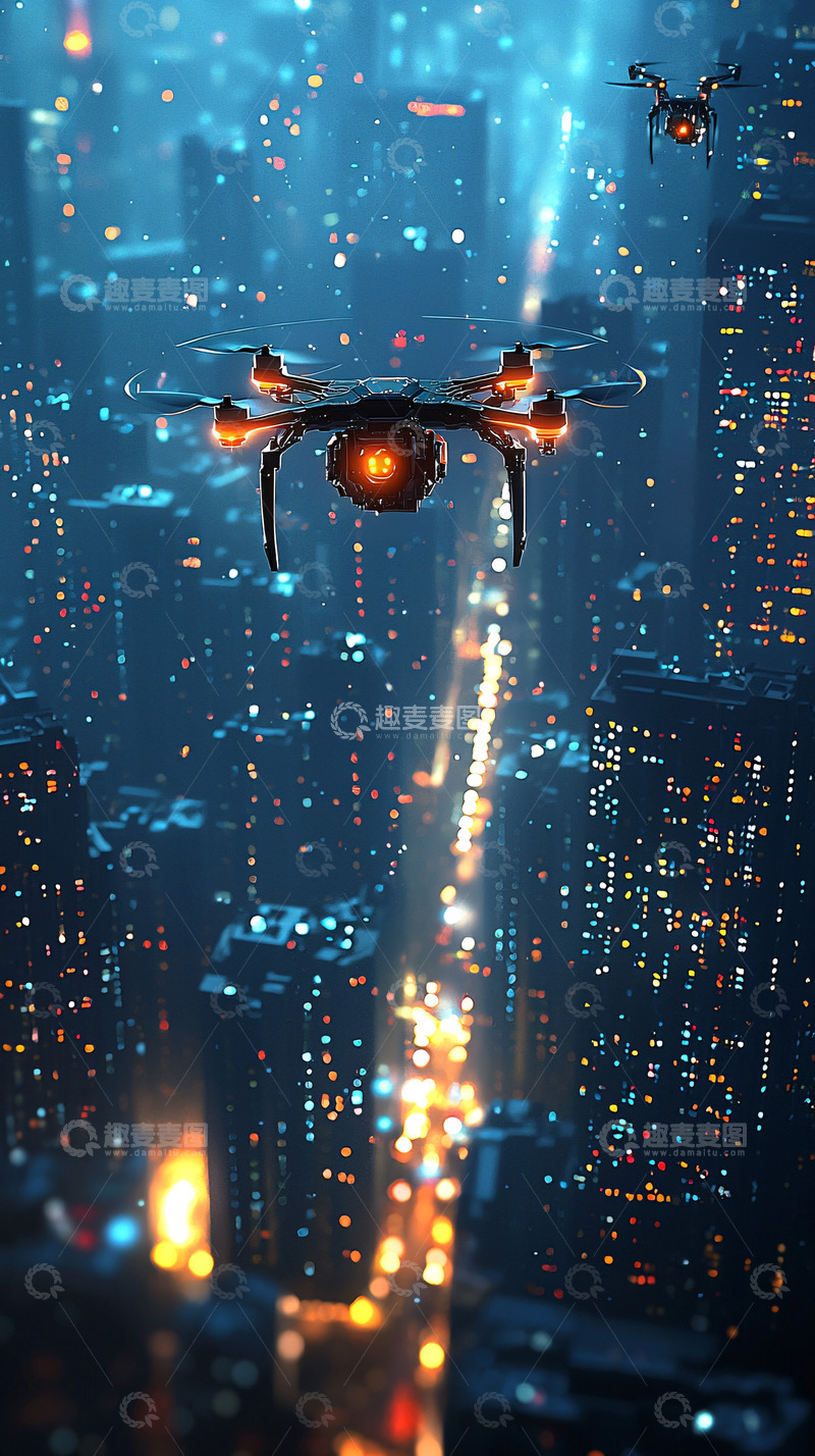 高清大图下载【趣麦麦图】未来都市夜景无人机