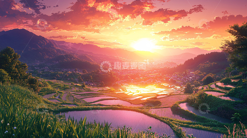 高清大图下载【趣麦麦图】日落山谷梯田景色