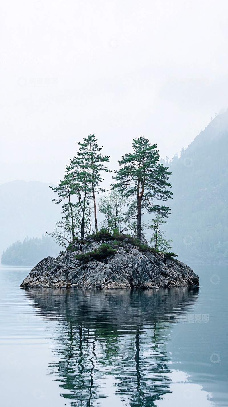 高清大图下载【趣麦麦图】雾气笼罩下的孤岛