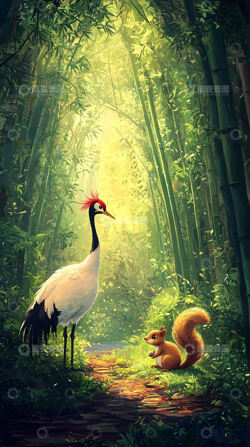 高清大图下载【趣麦麦图】仙鹤与松鼠在竹林小路
