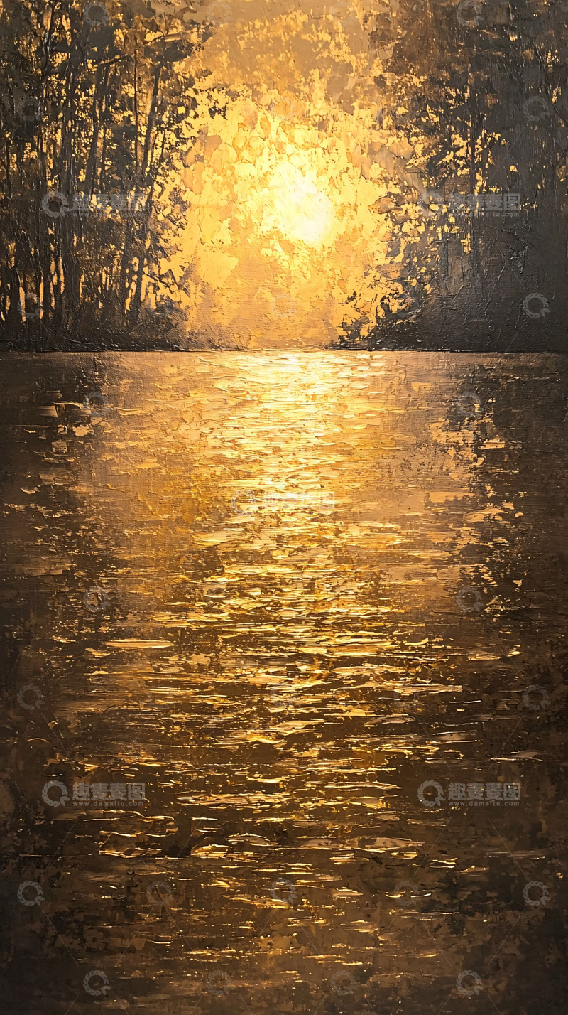 高清大图下载【趣麦麦图】金色湖面日落树影