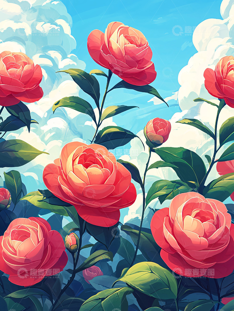 高清大图下载【趣麦麦图】粉色山茶花与蓝天白云