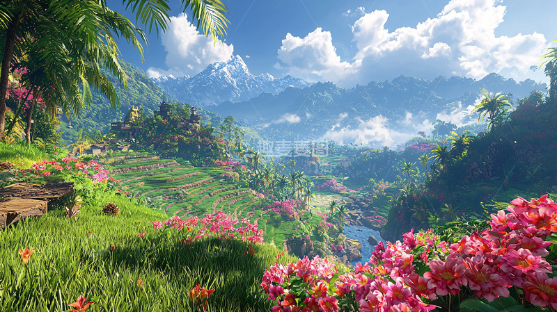 高清大图下载【趣麦麦图】山峰环绕的田园风光