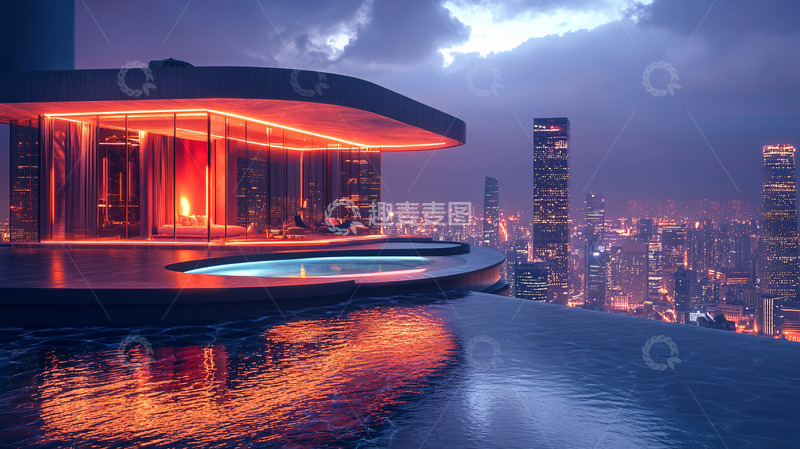 高清大图下载【趣麦麦图】摩天大楼顶层无边泳池夜景