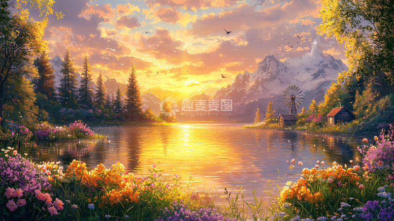 高清大图下载【趣麦麦图】夕阳西下湖光山色
