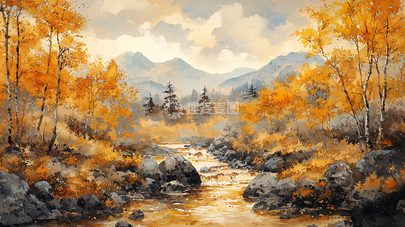 高清大图下载【趣麦麦图】秋日山谷溪流风景画