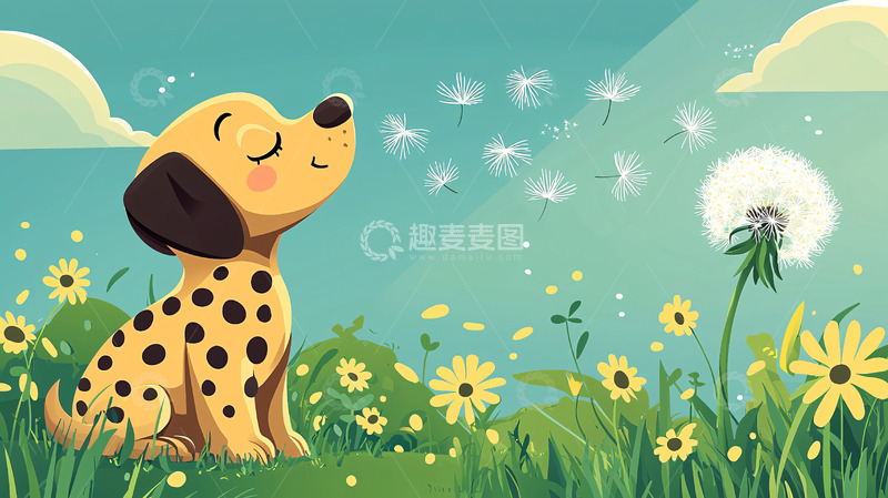 高清大图下载【趣麦麦图】卡通小狗吹蒲公英