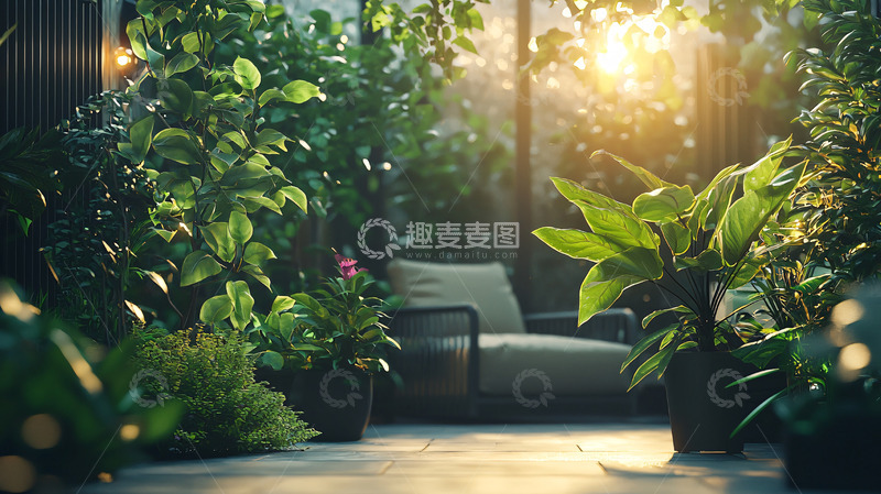 高清大图下载【趣麦麦图】阳光洒进绿意盎然的庭院