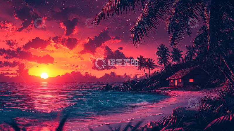 高清大图下载【趣麦麦图】热带海滩日落小屋