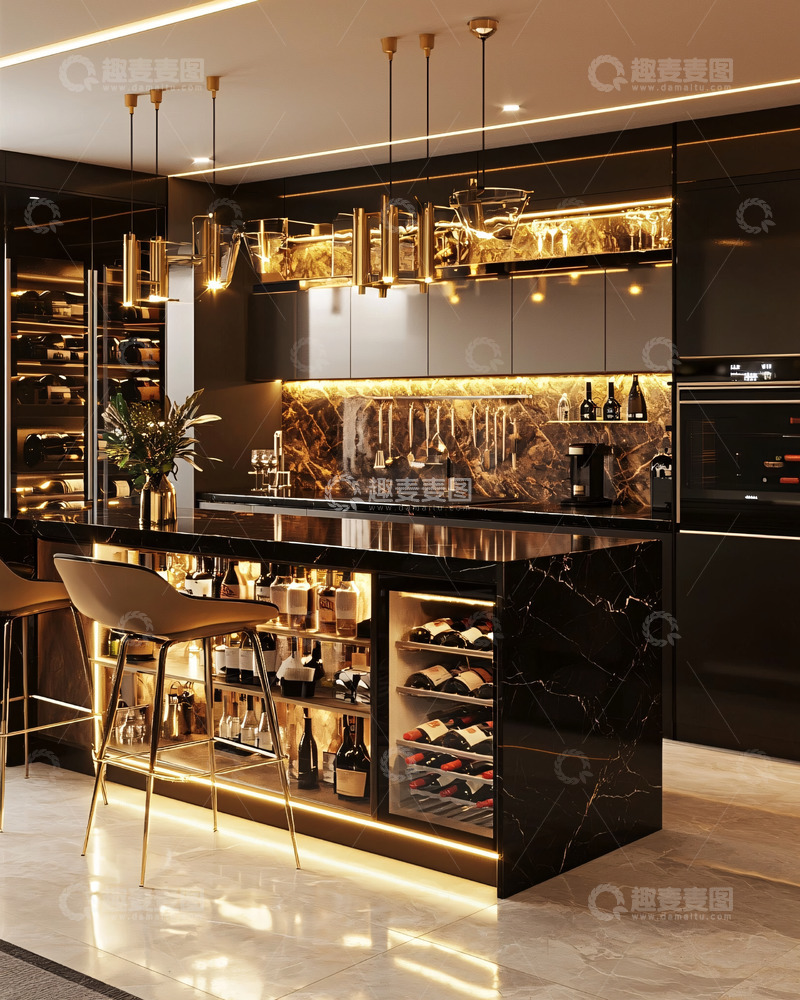 高清大图下载【趣麦麦图】高端黑色酒柜厨房设计