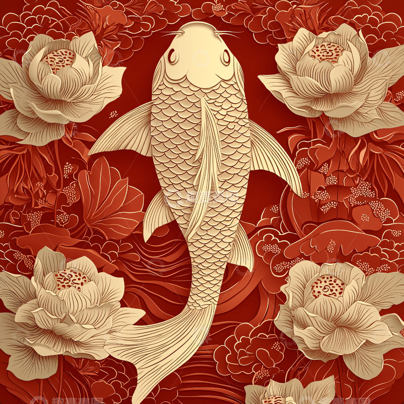 高清大图下载【趣麦麦图】红底金鲤鱼荷花图